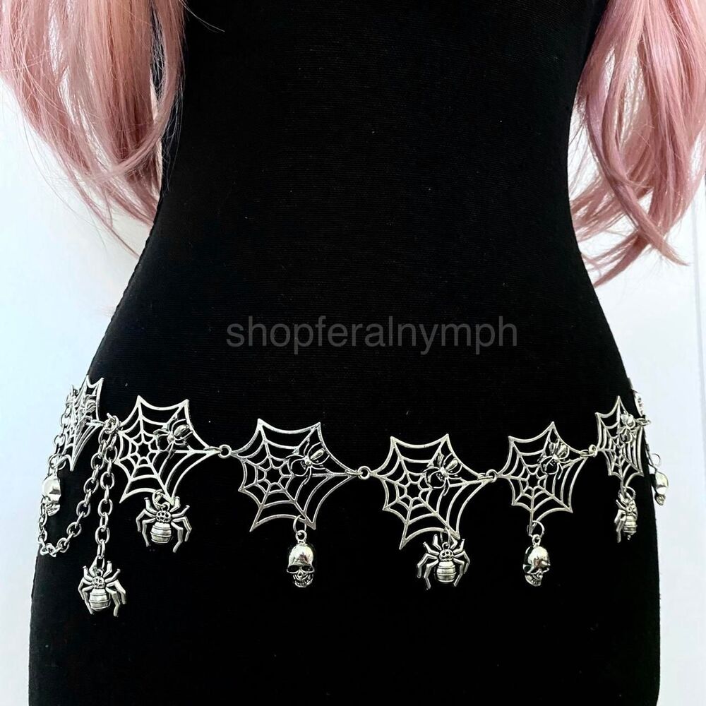Silver Gothic Spider Web Skull Charm Chain Belt, Fits 16-40 Inches, X7GA1428